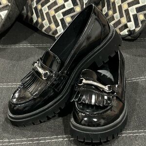 Black Patent Leather Loafers with Fringe Accent (Old Navy).
